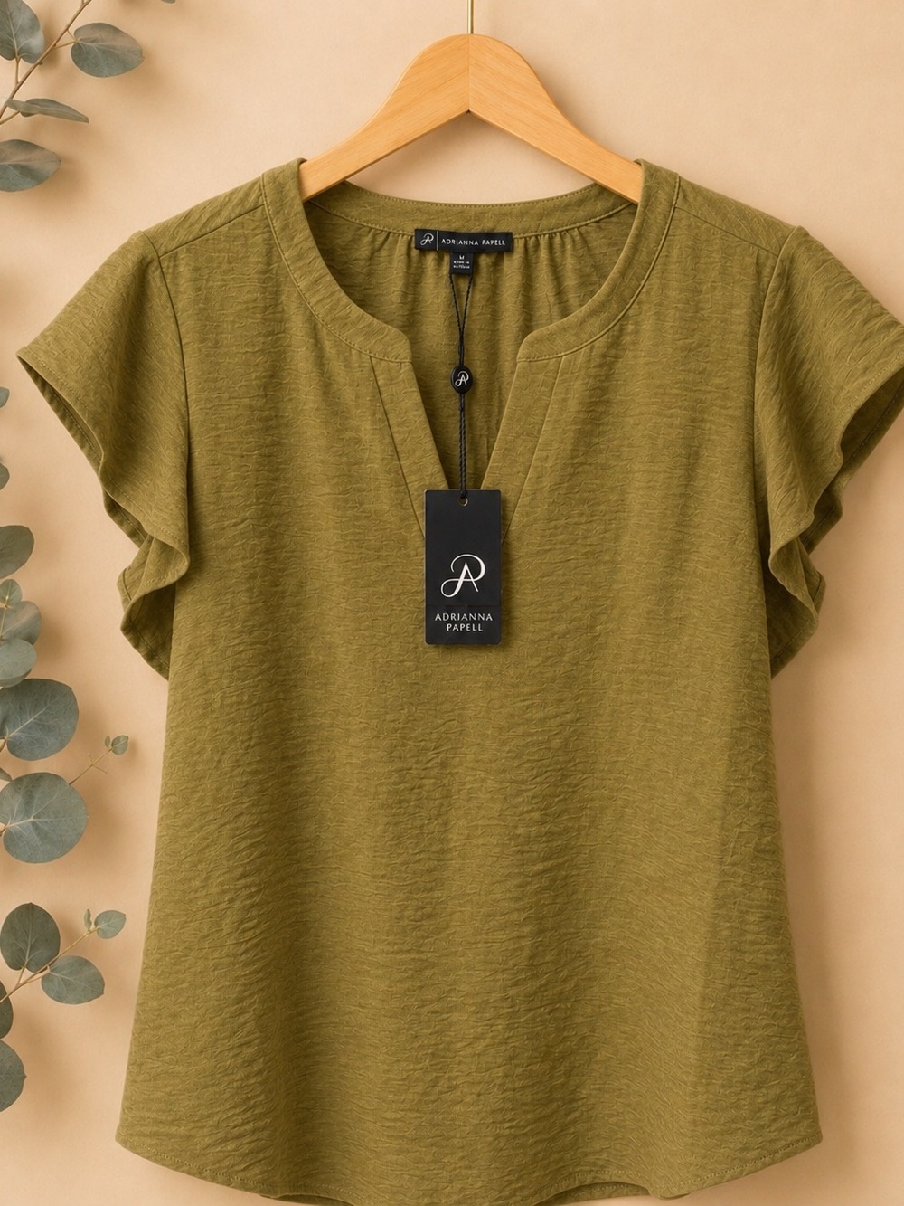 Adrianna Papell Olive Green Short-Sleeve Split-Neck Women Top ✨